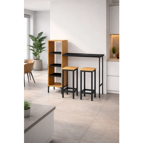 Zestaw Barowo -Jadalniany z Metalu i Drewna Litego Dębowego  Stół + 2 Taborety Model ZETS-24